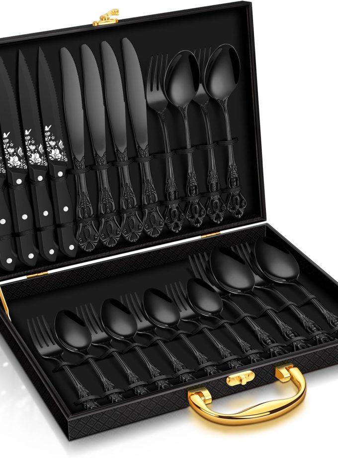 24 Pcs Black Silverware Set with Gift Box, Gorgeous Retro Royal Silverware Set for 4, Stainless Steel Mirror Flatware Cutlery Set for Home Party Wedding, Dishwasher Safe Utensils Set