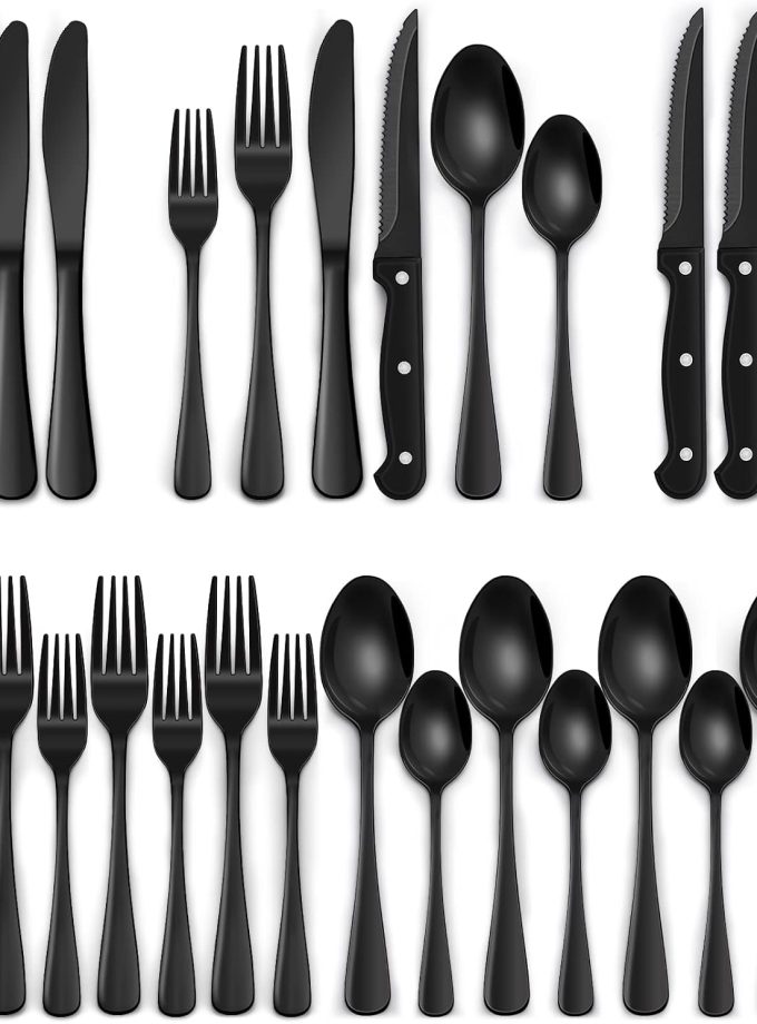 24-Piece Black Silverware Set with Steak Knives, Black Flatware Set for 4, Food-Grade Stainless Steel Tableware Cutlery Set, Mirror Finished Utensil Sets for Home Restaurant