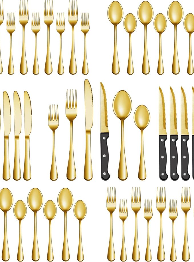 24 Pcs Gold Silverware Set with Steak Knives, Stainless Steel Flatware Cutlery Set Service for 4, Kitchen Tableware Set, Utensil Set for Home and Restaurant, Knives Forks Spoon Set, Dishwasher Safe