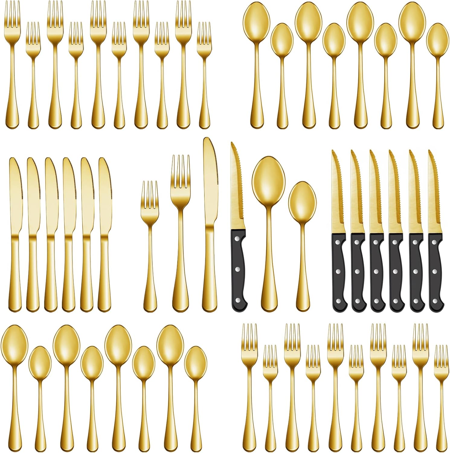 24 Pcs Gold Silverware Set with Steak Knives, Stainless Steel Flatware Cutlery Set Service for 4, Kitchen Tableware Set, Utensil Set for Home and Restaurant, Knives Forks Spoon Set, Dishwasher Safe